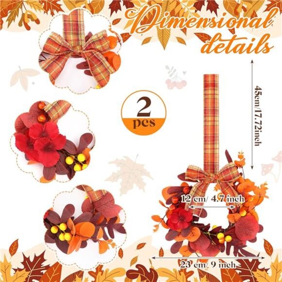 2 Pcs 9" Mini Fall Wreaths for Front Door Autumn Maple Leaf Wreath with Rustic - Picture 2 of 7